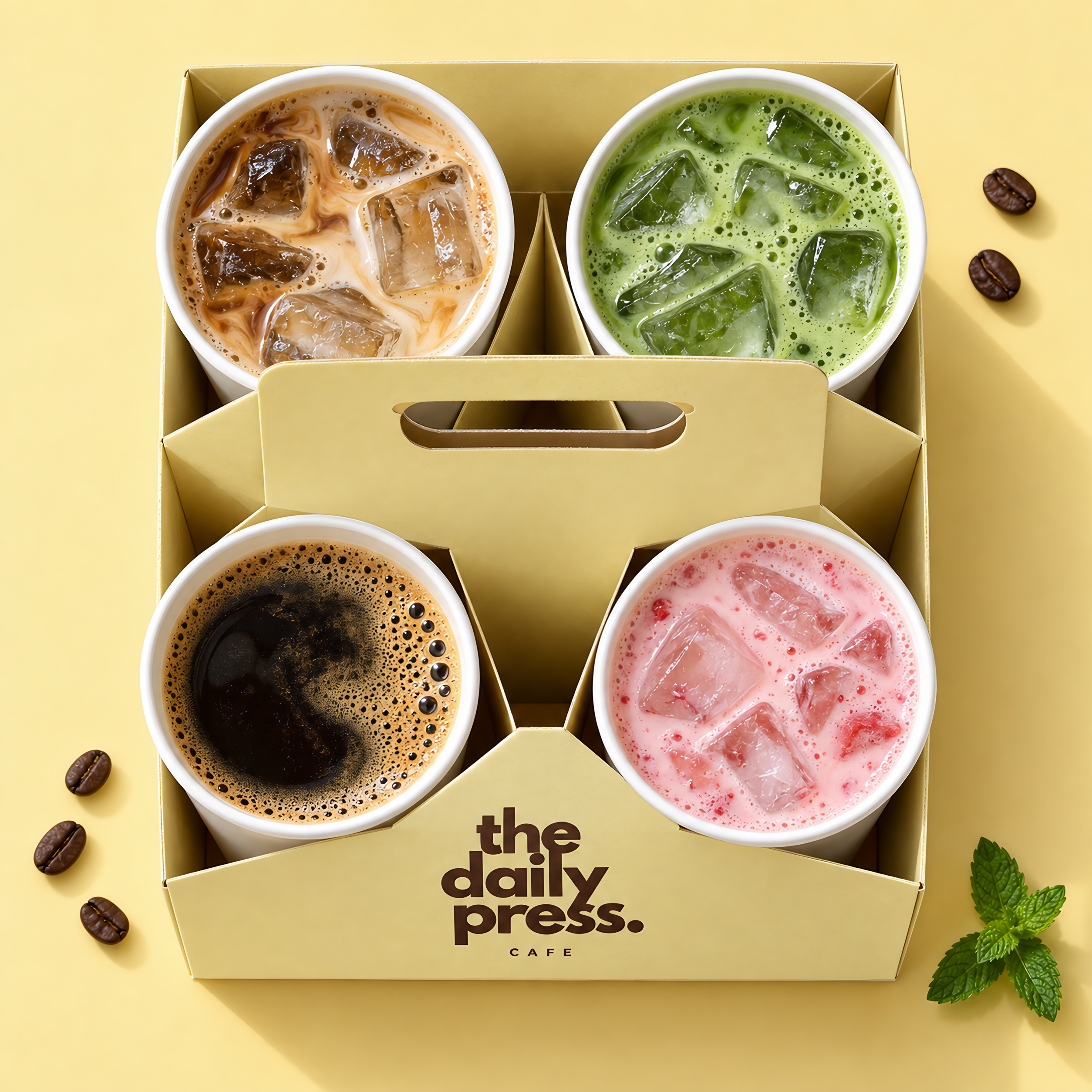 Daily press 4-cup carrier from above holding an iced latte, iced matcha, hot coffee and a pink strawberry drink
