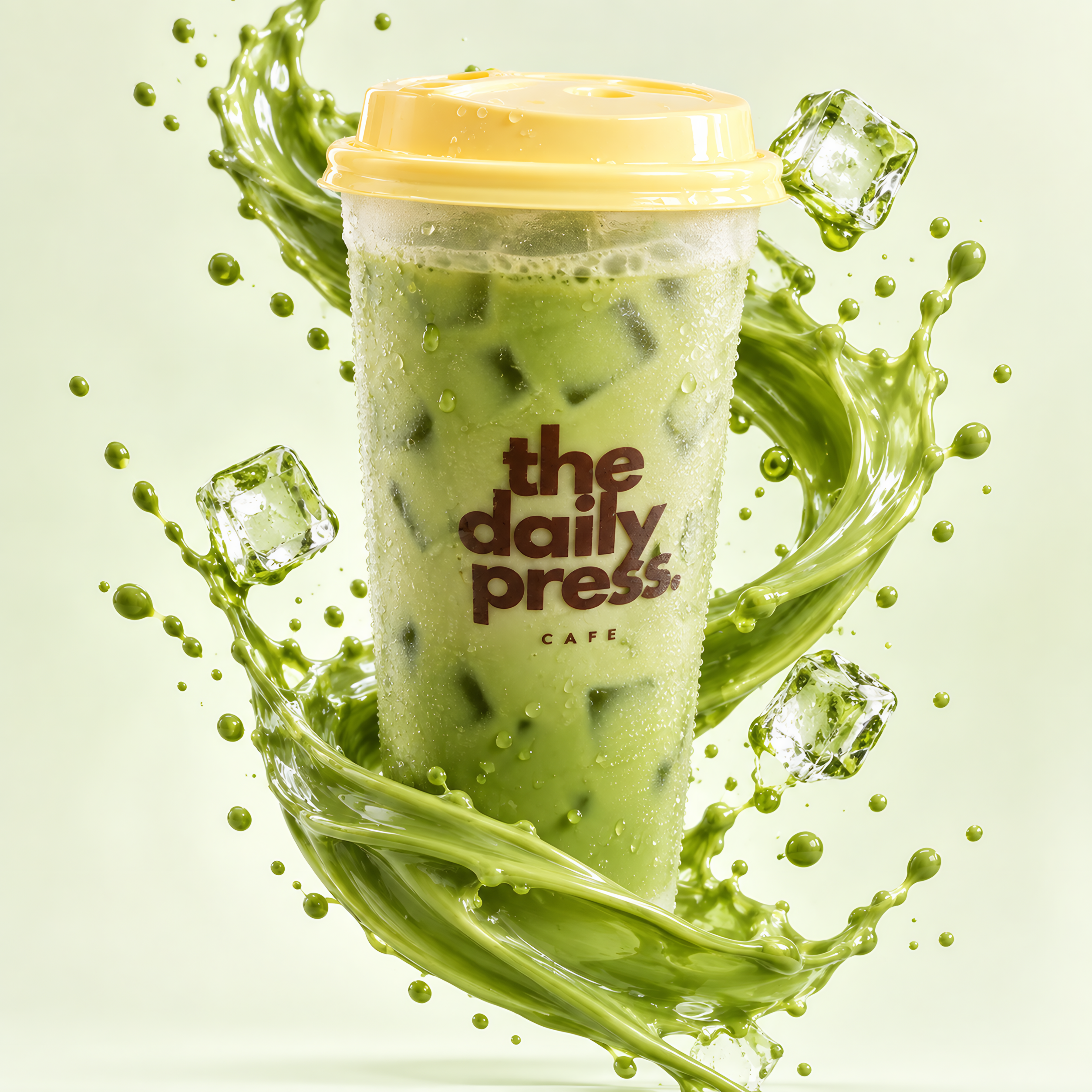 Frosted daily press cup of iced matcha latte wrapped in a swirling green matcha splash