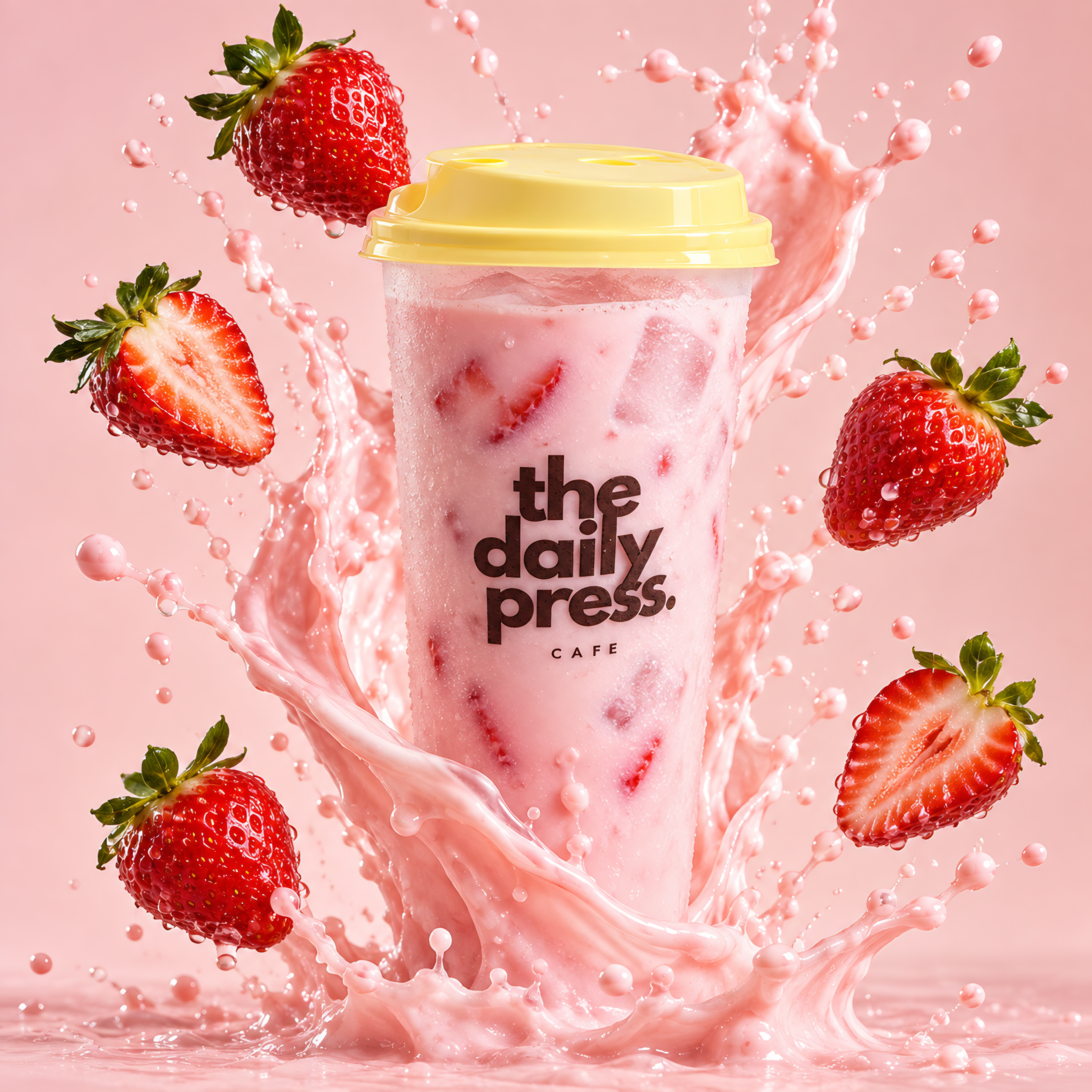 Frosted daily press cup of pink strawberry milk with a pink splash and flying strawberries