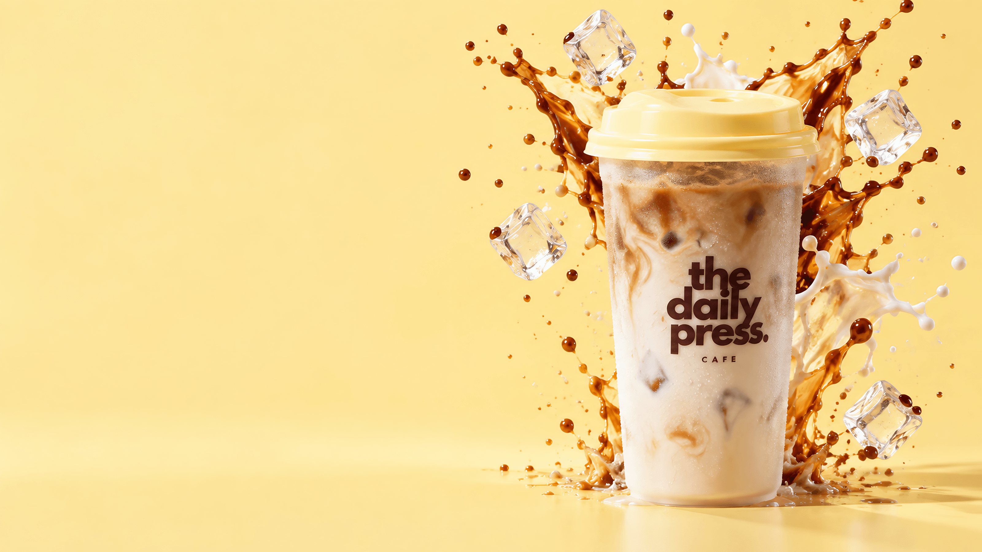 Frosted daily press iced latte cup with a milk and espresso splash and flying ice on a butter yellow backdrop