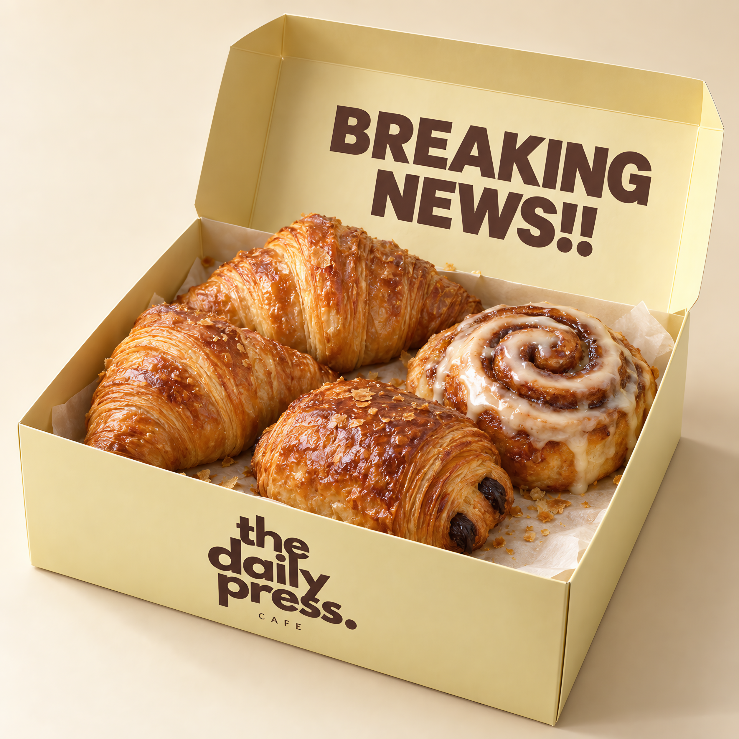 An open butter-yellow the daily press. pastry box with BREAKING NEWS!! inside the lid, filled with croissants, a pain au chocolat and a cinnamon roll